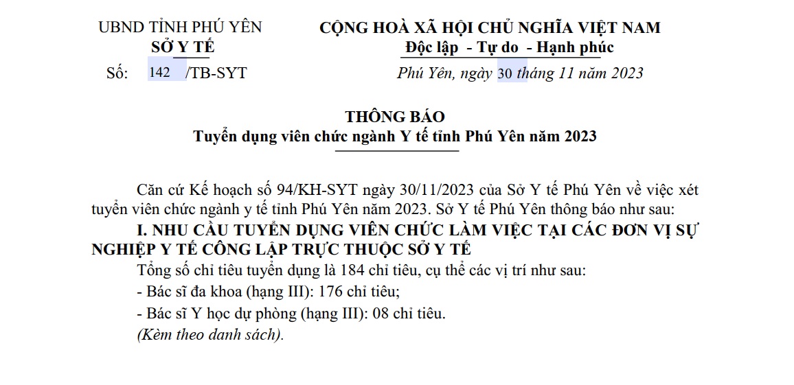 Thông báo Tuyển dụng viên chức nghành Y tế tỉnh Phú Yên năm 2023